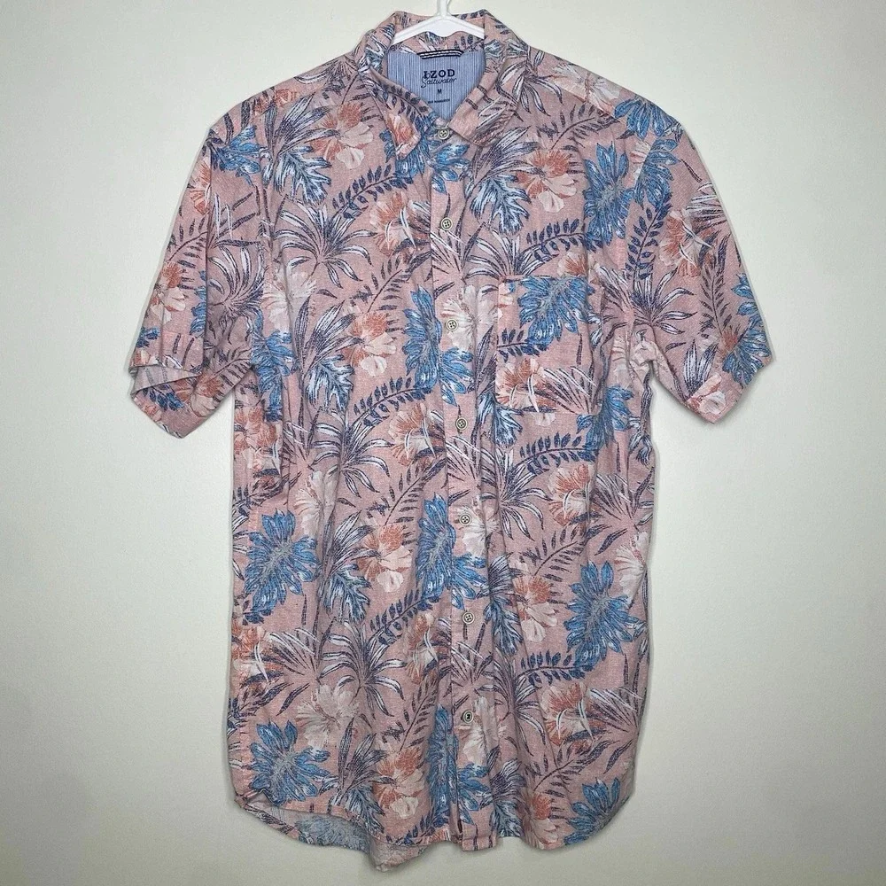 IZOD Saltwater Floral Shirt Mens M Pink Blue Peony Hawaiian Woven Short Sleeve‎